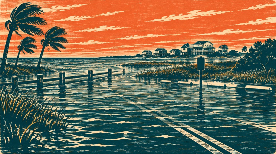Woodcut-style illustration of an imaginary low waterfront road covered by high tide.