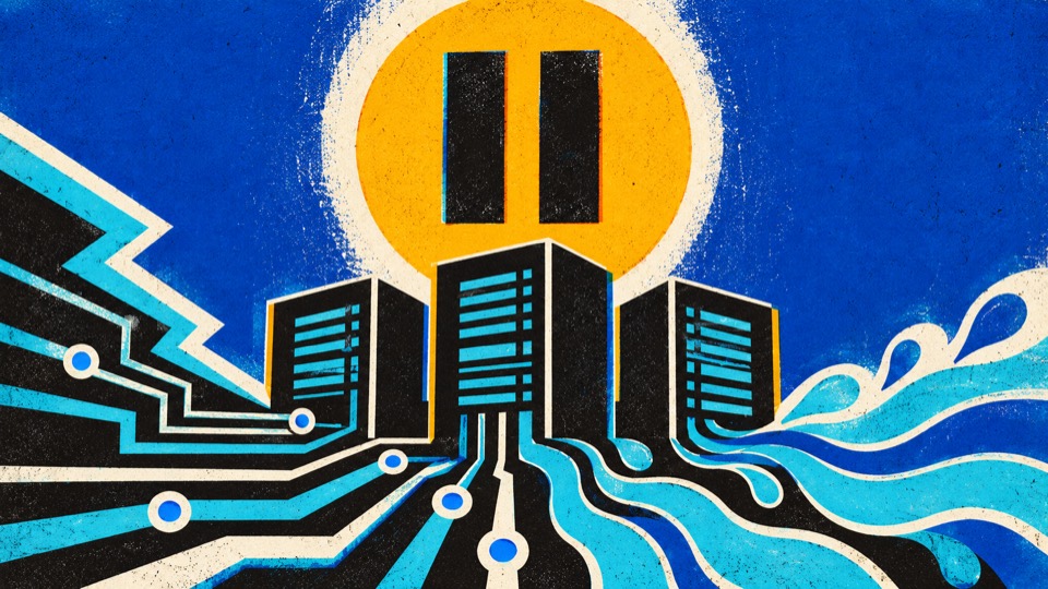 Geometric screenprint of server towers under a pause symbol, with abstract water and power lines.