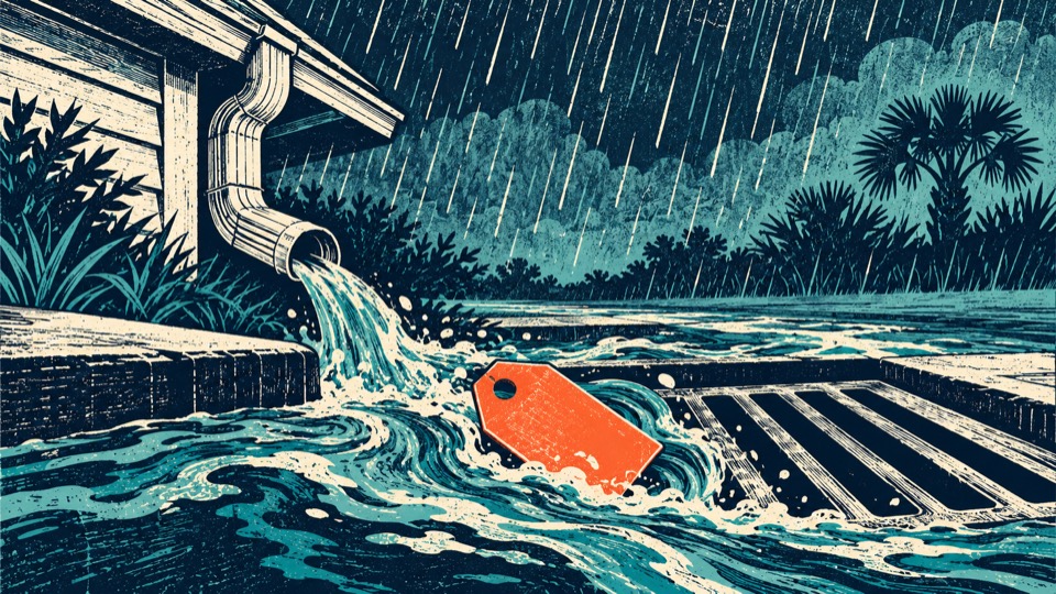 Linocut illustration of stormwater running toward a street drain.